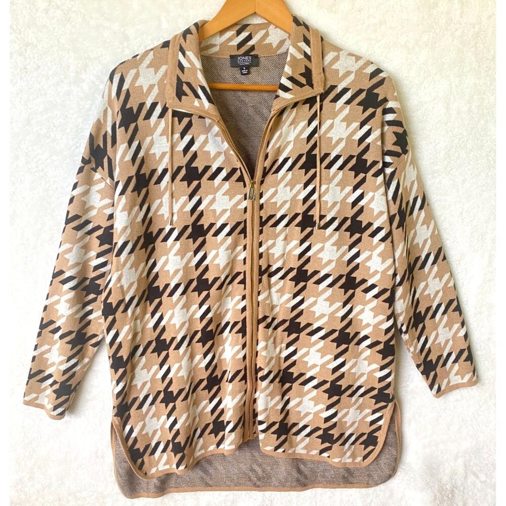 New size S womens full zip cardigan sweater plaid tan‎ black knit Jones New York